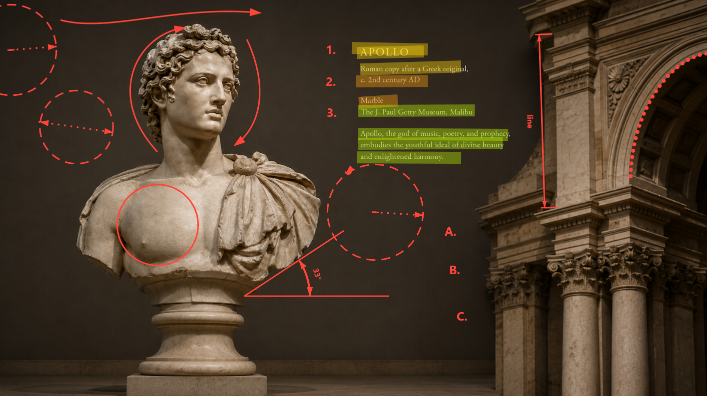 ArcShot annotation example featuring an Apollo sculpture and architectural reference