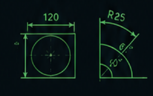 CAD dimension examples showing length, radius, and angle measurements