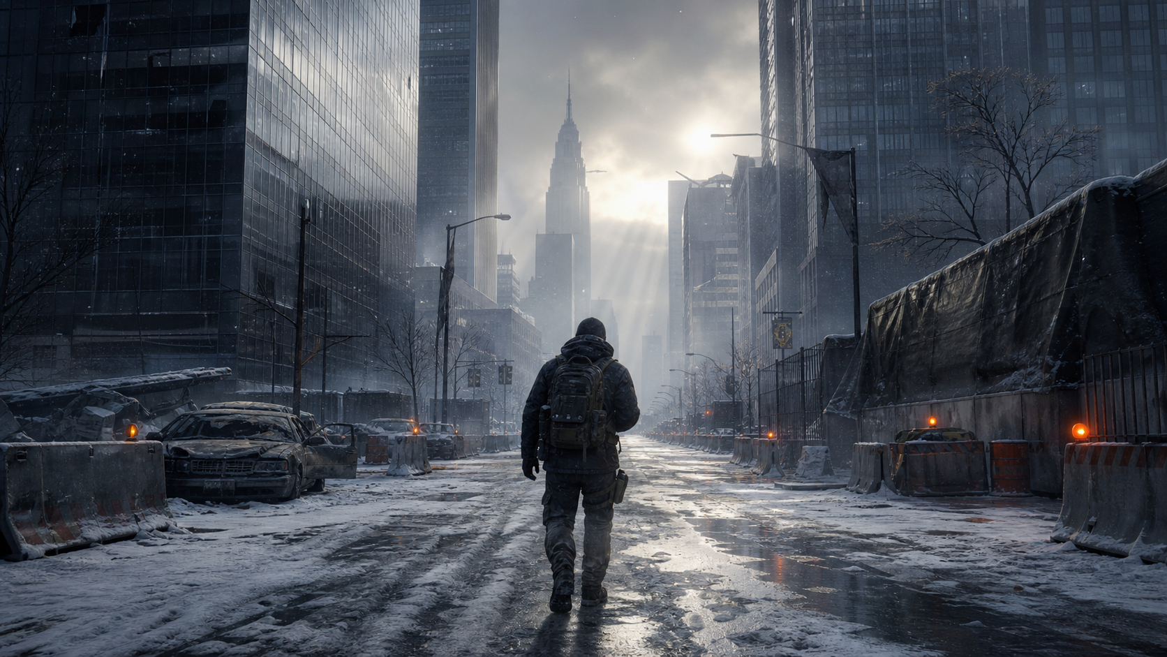 A field agent walking through an abandoned winter city