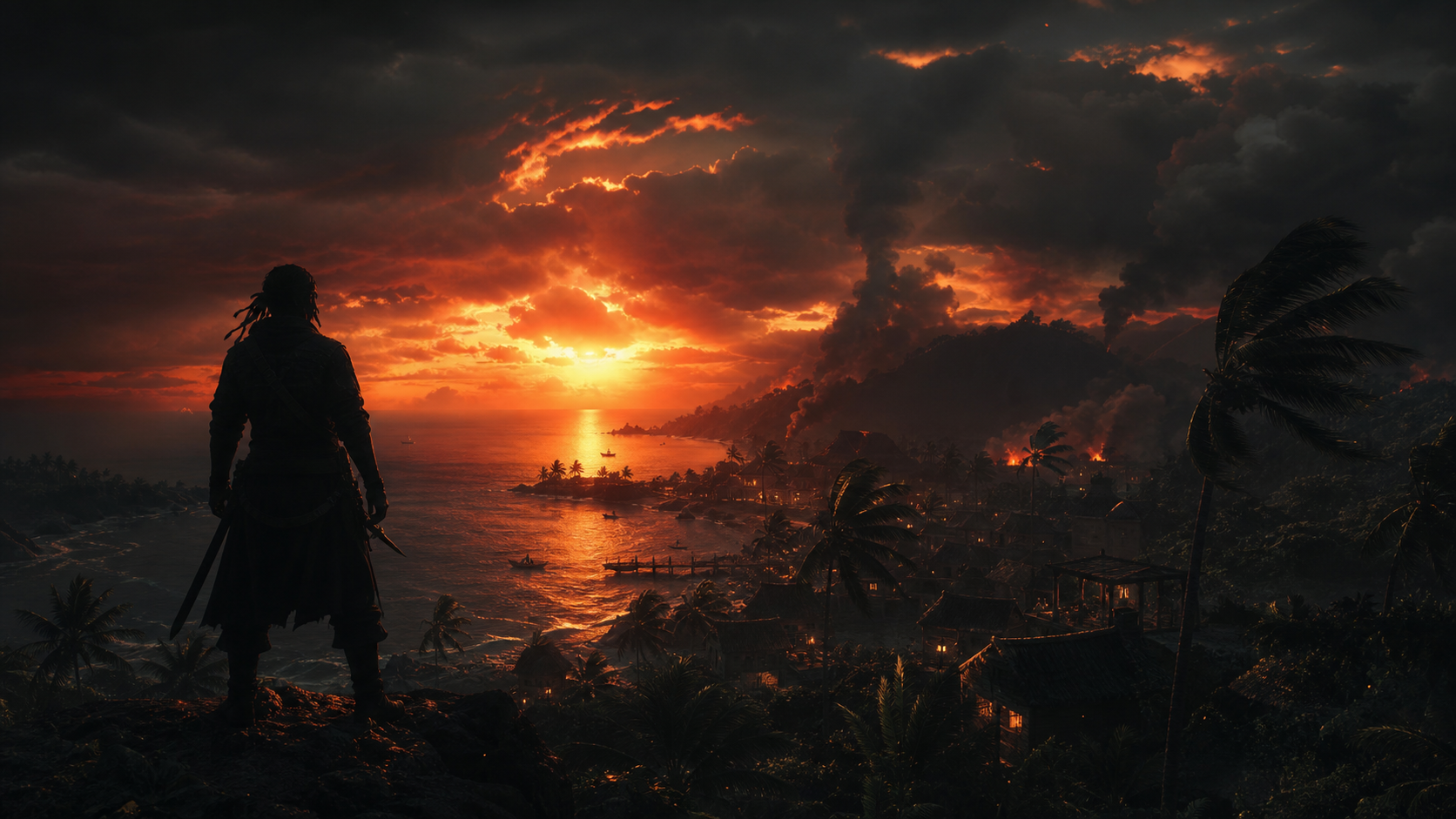 A lone figure overlooking a tropical coast at a fiery sunset