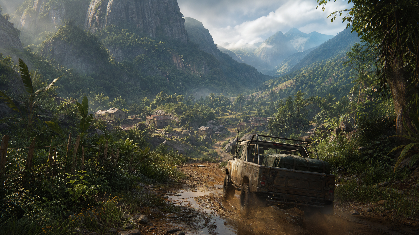 A rugged vehicle entering a lush tropical mountain valley