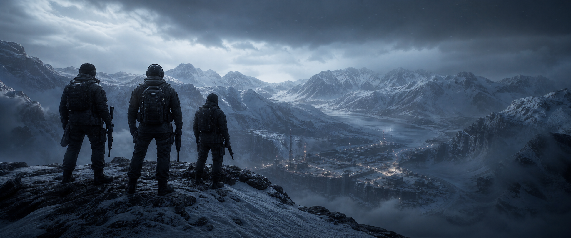 A tactical team overlooking a remote frozen mountain compound