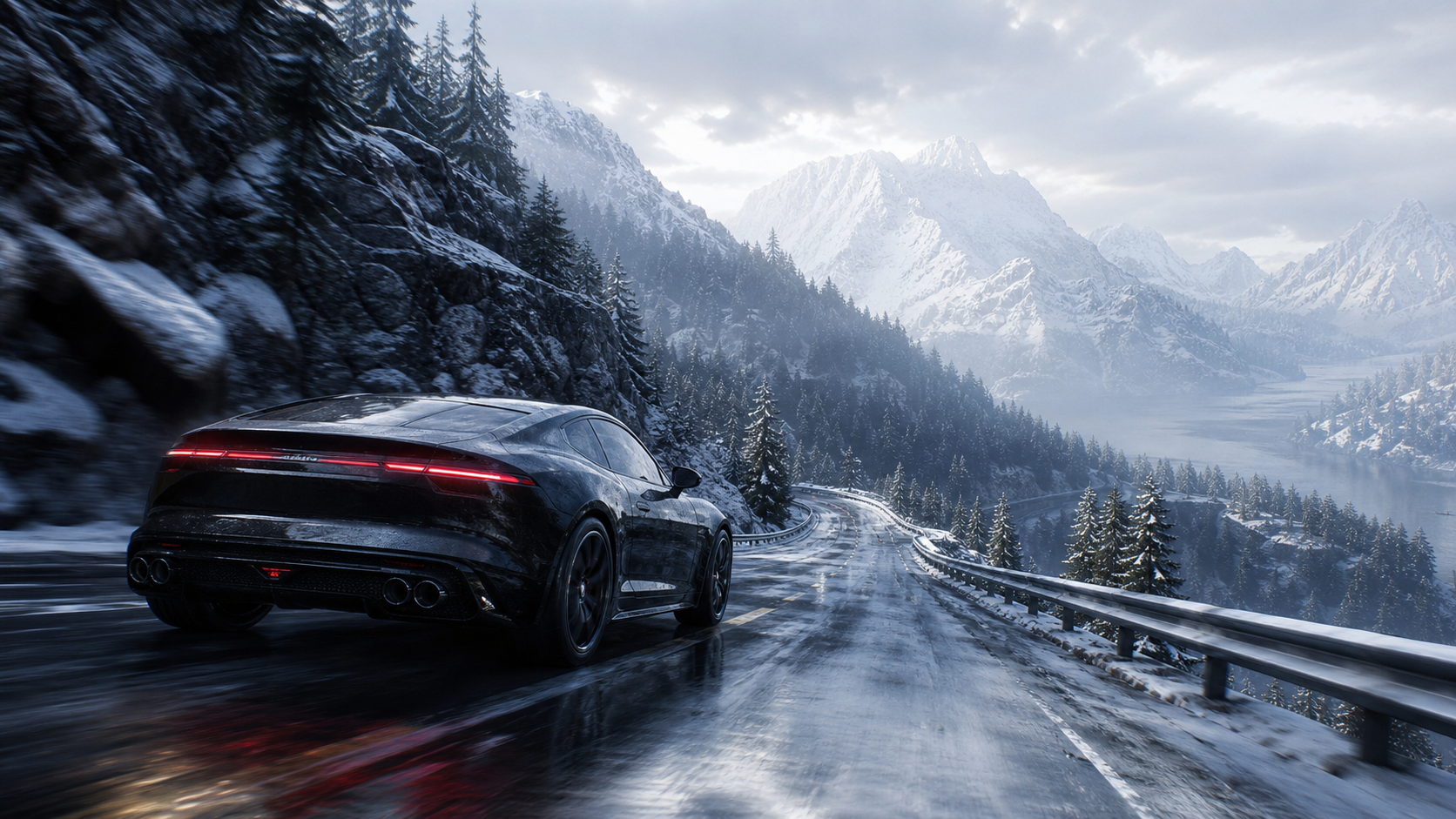 A sports car driving along a snowy alpine road